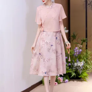 Mid-Length Mesh Qipao Featuring Elegant Pleats and Floral Prints