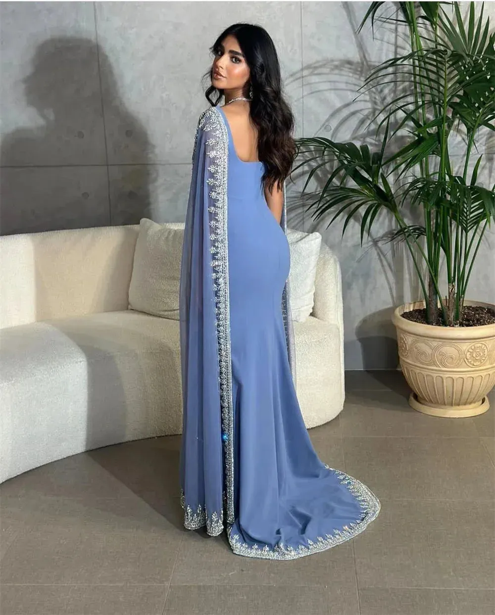 Mist Blue Beaded Edge Prom Dresses Long Shawl Wedding Dress Elegant Sleeveless Floor-Length Satin Vestidos De Fiesta