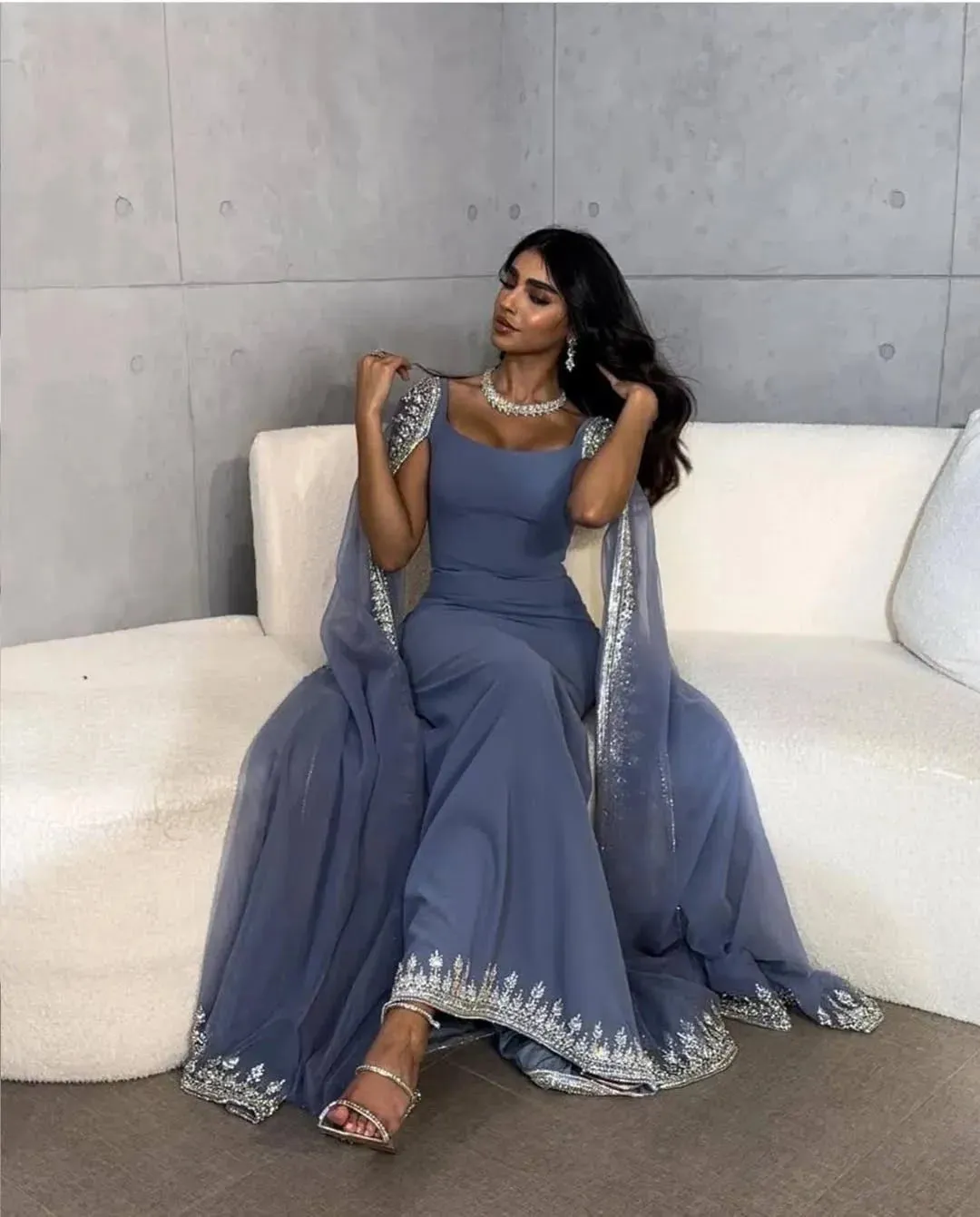 Mist Blue Beaded Edge Prom Dresses Long Shawl Wedding Dress Elegant Sleeveless Floor-Length Satin Vestidos De Fiesta