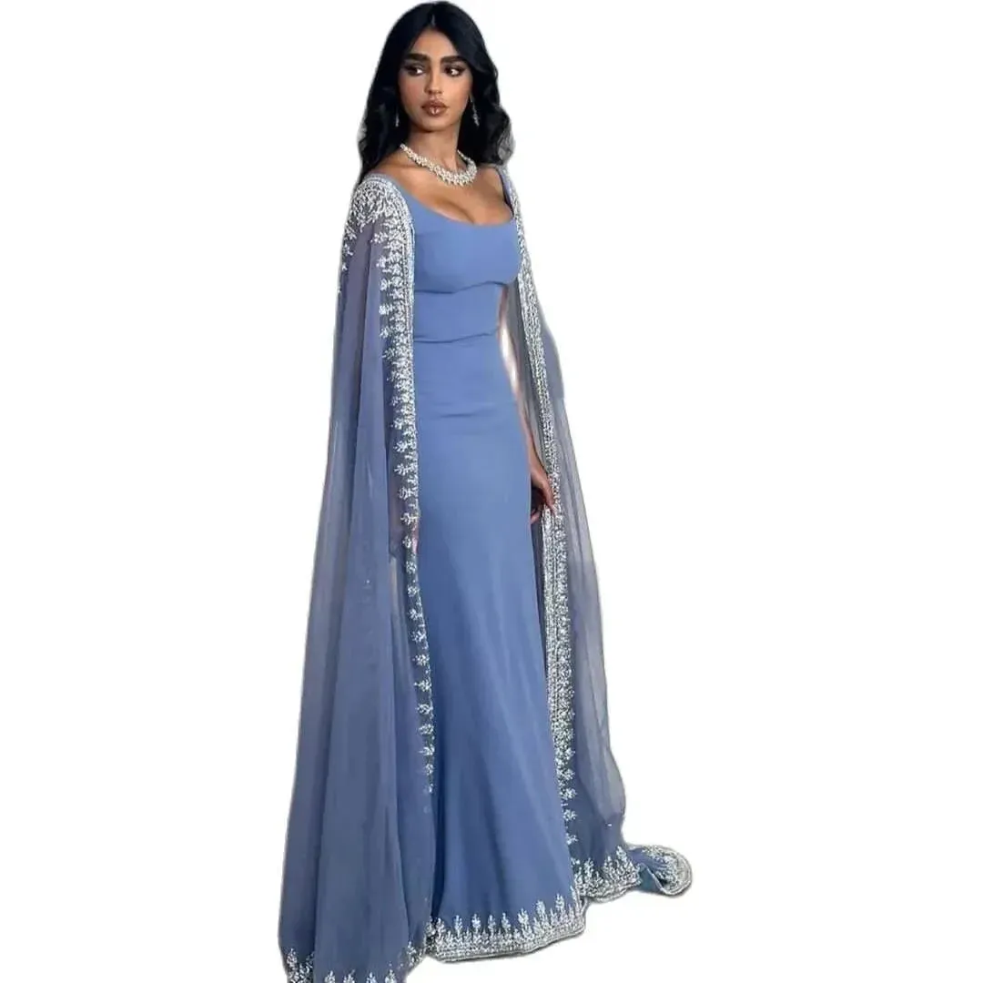 Mist Blue Beaded Edge Prom Dresses Long Shawl Wedding Dress Elegant Sleeveless Floor-Length Satin Vestidos De Fiesta