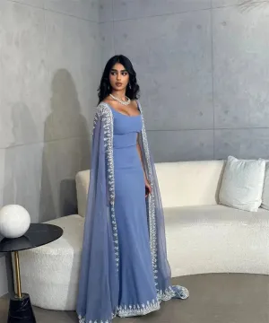 Mist Blue Beaded Edge Prom Dresses Long Shawl Wedding Dress Elegant Sleeveless Floor-Length Satin Vestidos De Fiesta