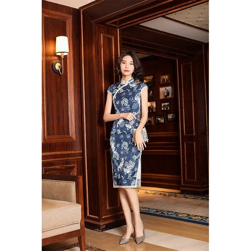 Modern Chinese dress, Evening Dress, navy blue Silk qipao, Floral print, Spring dress