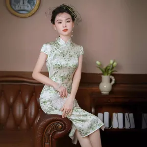 Modern Chinese dress, Evening Dress, Silk qipao, Floral print, Spring dress, mandarin collar