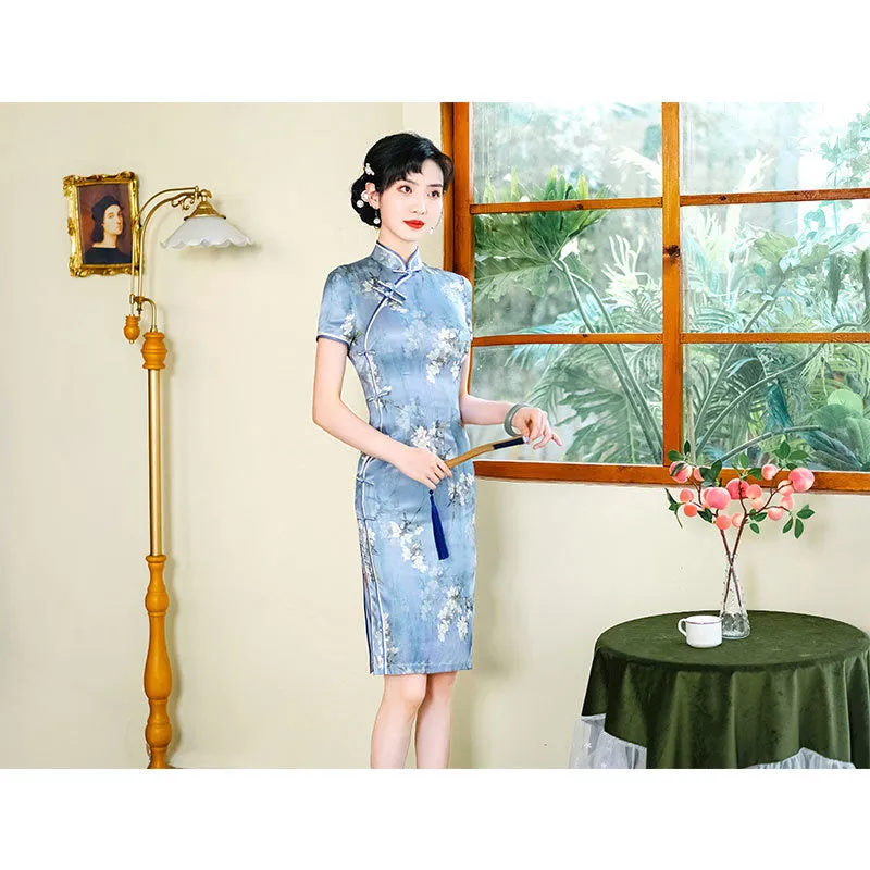 Modern Chinese dress, Evening Dress, Silk qipao, floral print, Spring dress