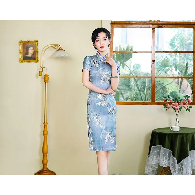 Modern Chinese dress, Evening Dress, Silk qipao, floral print, Spring dress