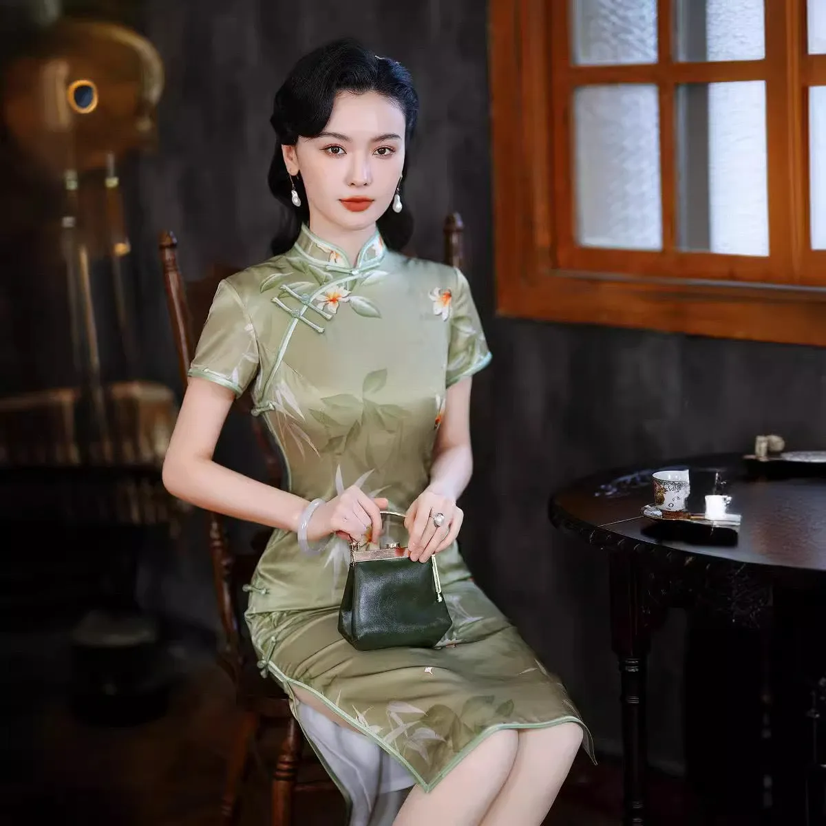 Modern Chinese dress, Evening Dress, Silk qipao,  green floral print, Spring dress