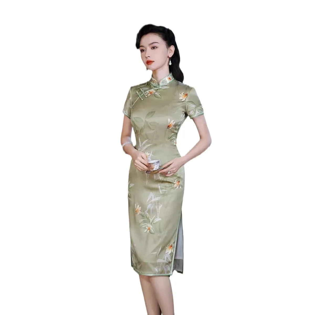 Modern Chinese dress, Evening Dress, Silk qipao,  green floral print, Spring dress