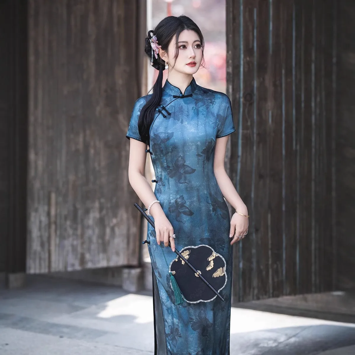 Modern Chinese Qipao, Blue Cheongsam, Long Evening Dress, floral print
