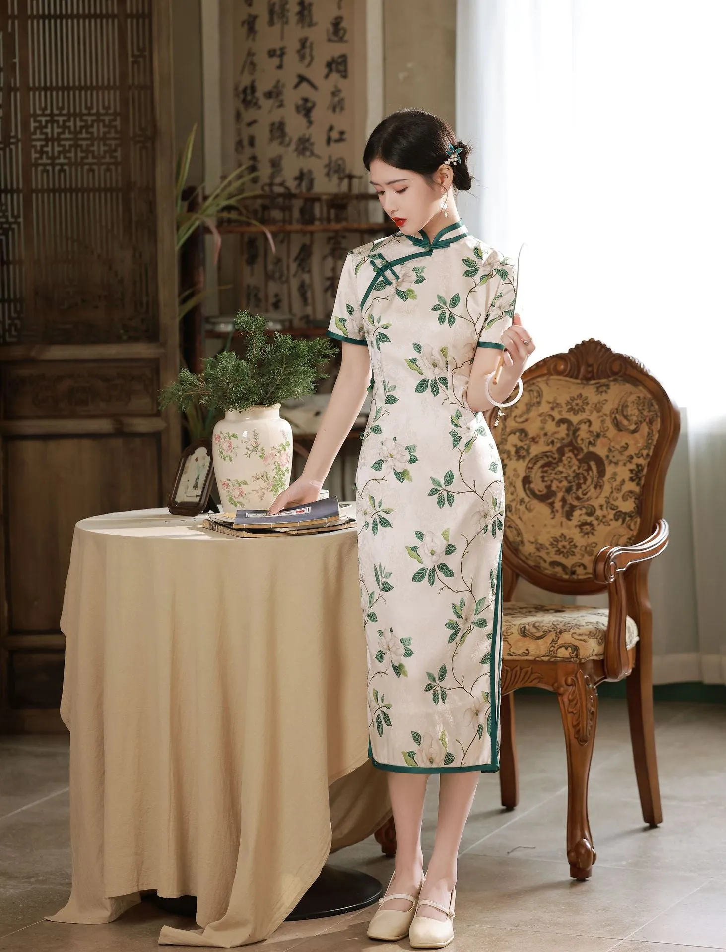 Modern Chinese qipao, Chinese Cheongsam, Evening Dress, Ball Gowns, summer qipao, floral print, mandarin collar