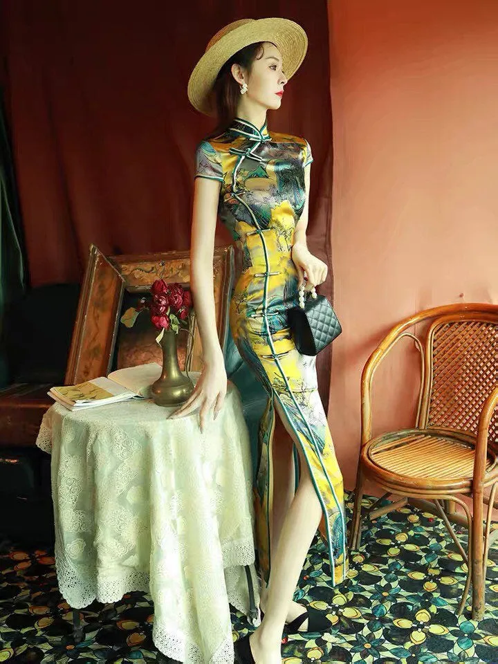 Modern Chinese Qipao, Evening Dress, Silk qipao, Chinese painting print
