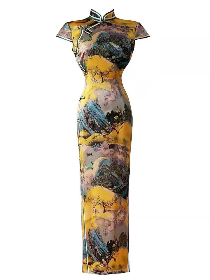 Modern Chinese Qipao, Evening Dress, Silk qipao, Chinese painting print