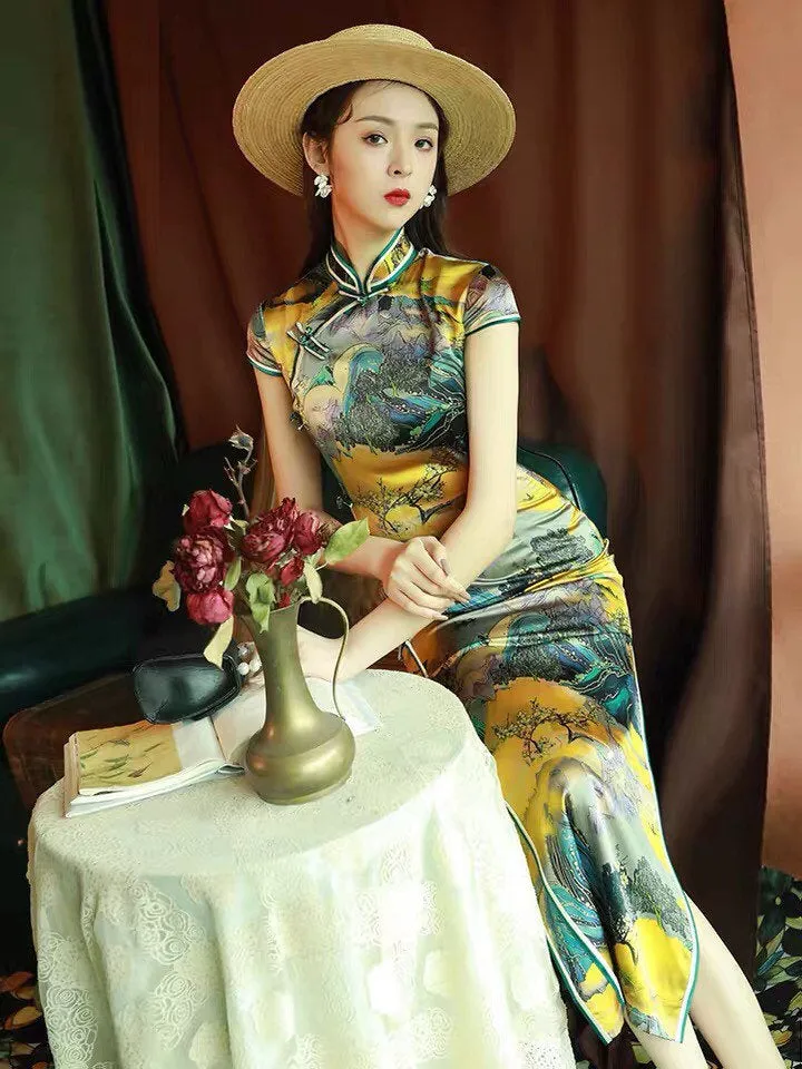 Modern Chinese Qipao, Evening Dress, Silk qipao, Chinese painting print