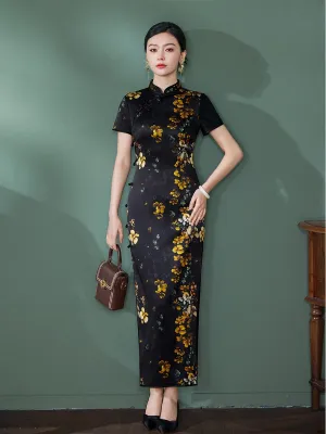 Modern Chinese Qipao, Evening Dress, Silk qipao, crane print, black qipao