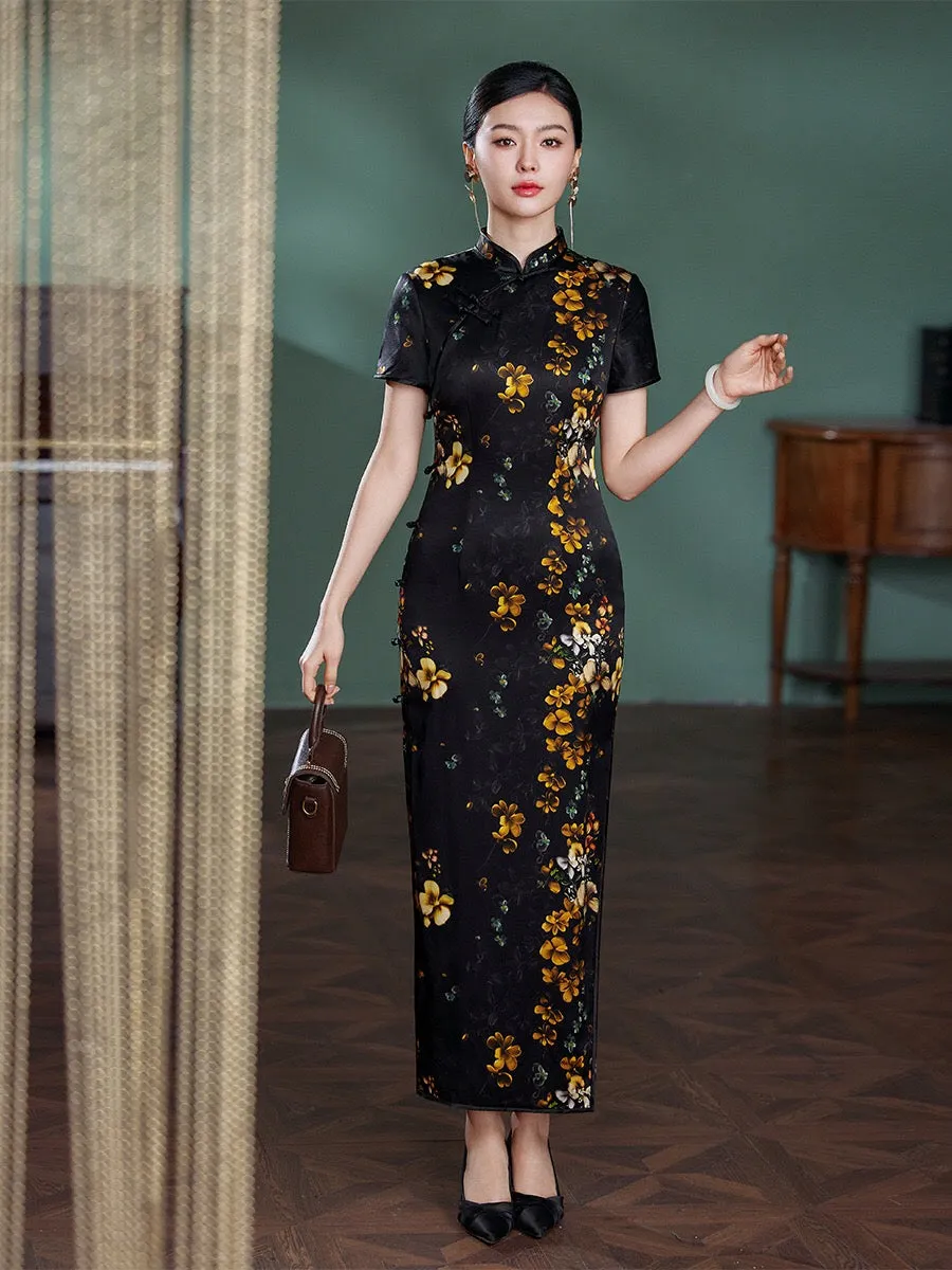 Modern Chinese Qipao, Evening Dress, Silk qipao, crane print, black qipao