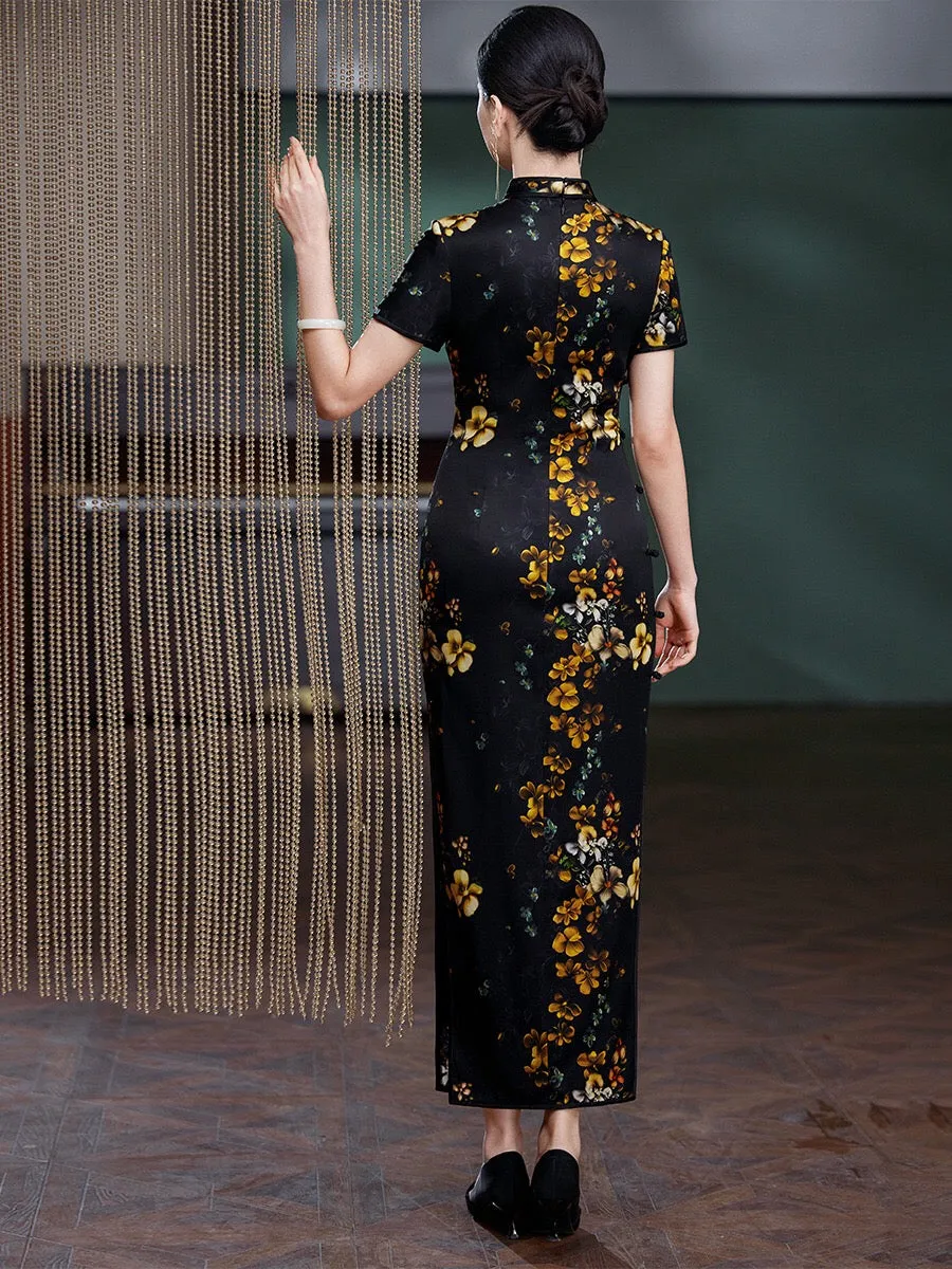 Modern Chinese Qipao, Evening Dress, Silk qipao, crane print, black qipao