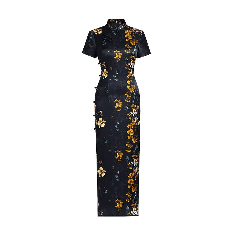 Modern Chinese Qipao, Evening Dress, Silk qipao, crane print, black qipao