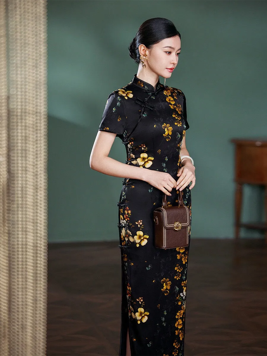 Modern Chinese Qipao, Evening Dress, Silk qipao, crane print, black qipao