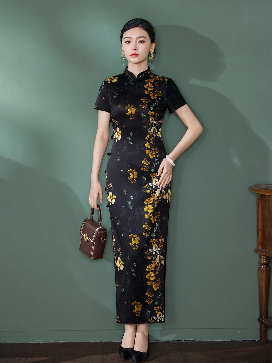 Modern Chinese Qipao, Evening Dress, Silk qipao, crane print, black qipao