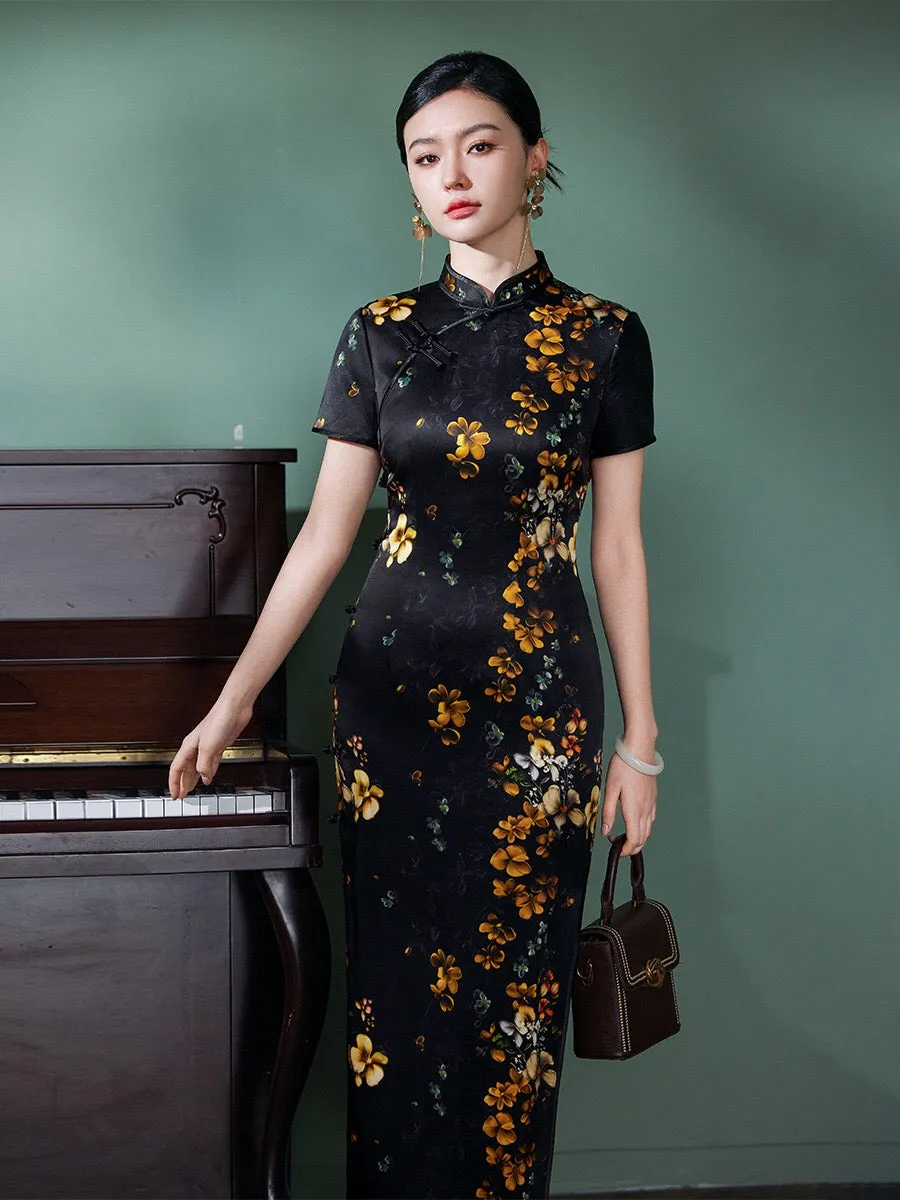 Modern Chinese Qipao, Evening Dress, Silk qipao, crane print, black qipao