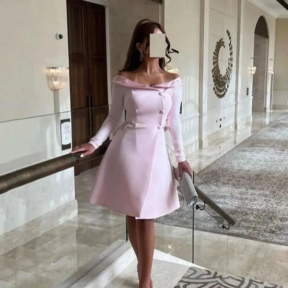 Modern Evening Dresses Outfit Long Sleeves Button Pink Party Gown Wedding Guest Dress Special Occasion Dress