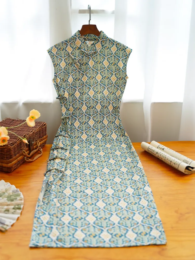 Muli Ke 牡蛎壳 Oyster Shell Republic of China Art Deco Tencel Linen Cap Sleeve Qipao