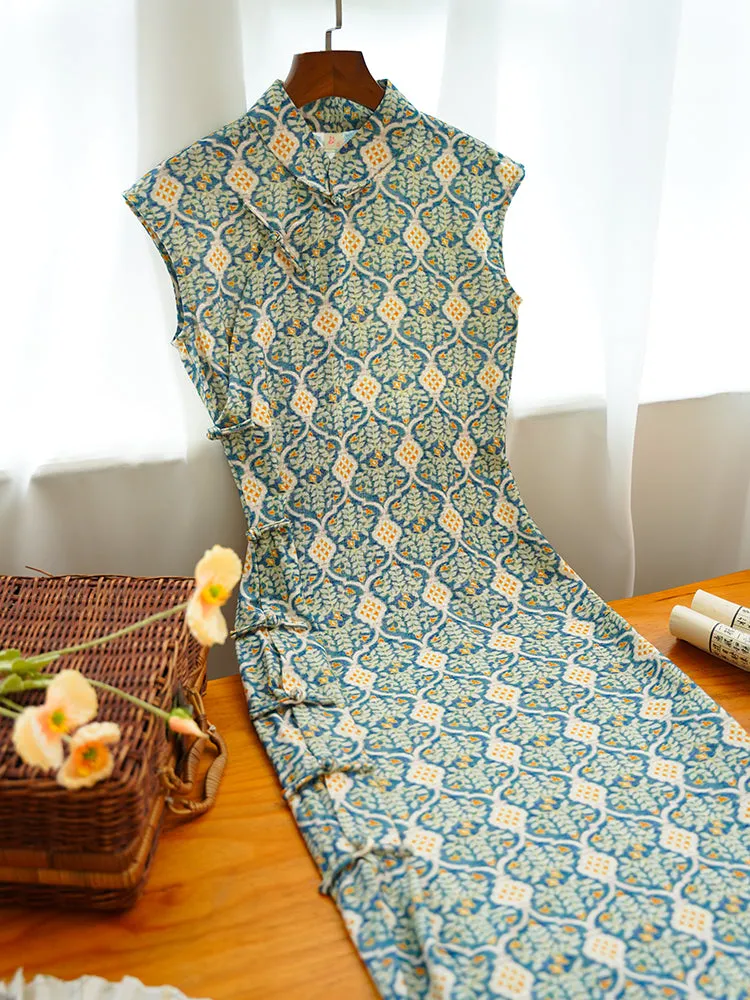 Muli Ke 牡蛎壳 Oyster Shell Republic of China Art Deco Tencel Linen Cap Sleeve Qipao