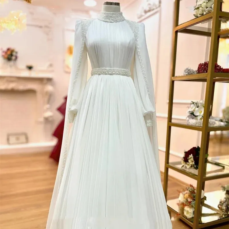 Muslim Wedding Dress with Long Sleeves Customized High Neck Beading Sequin Chiffon A Line Bridal Gown Africa Bride Dresses