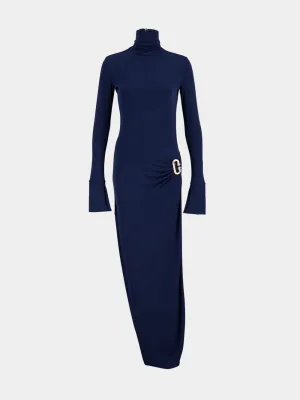 Navy Tucked Sheath Crepe Jersey Dress