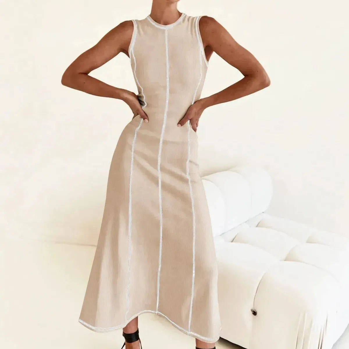New Contrasting Line Dress Round Necked Sleeveless Slim Fit Vest Dresses For Women Summer Fashion Trend All-Match Vacation Dress