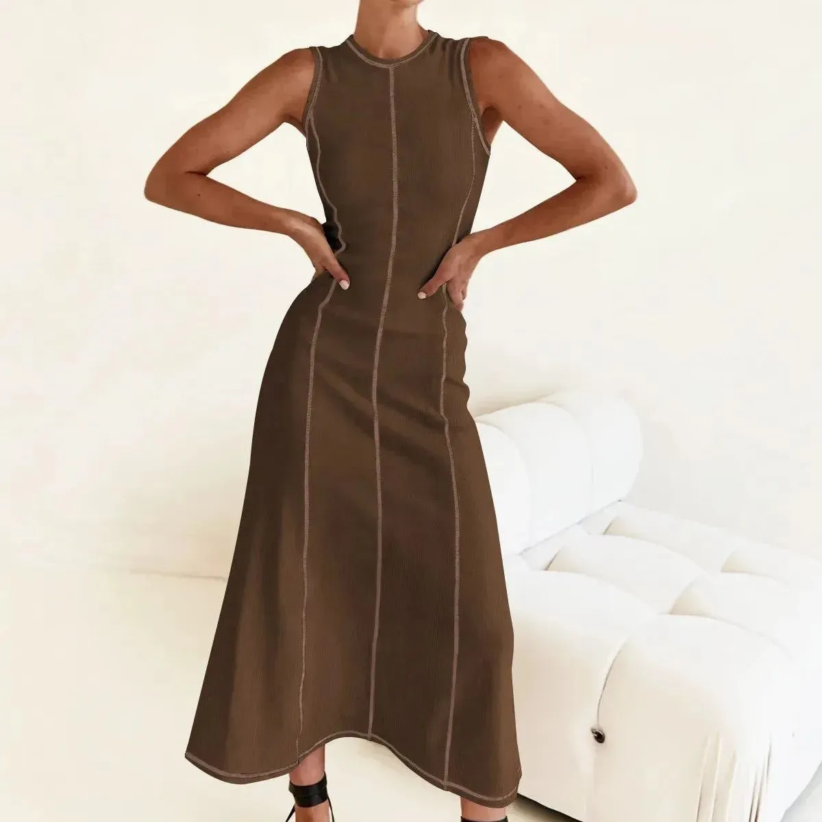 New Contrasting Line Dress Round Necked Sleeveless Slim Fit Vest Dresses For Women Summer Fashion Trend All-Match Vacation Dress
