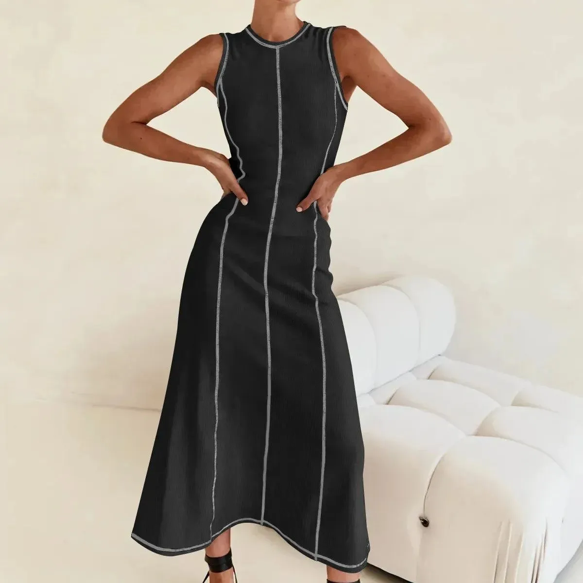 New Contrasting Line Dress Round Necked Sleeveless Slim Fit Vest Dresses For Women Summer Fashion Trend All-Match Vacation Dress