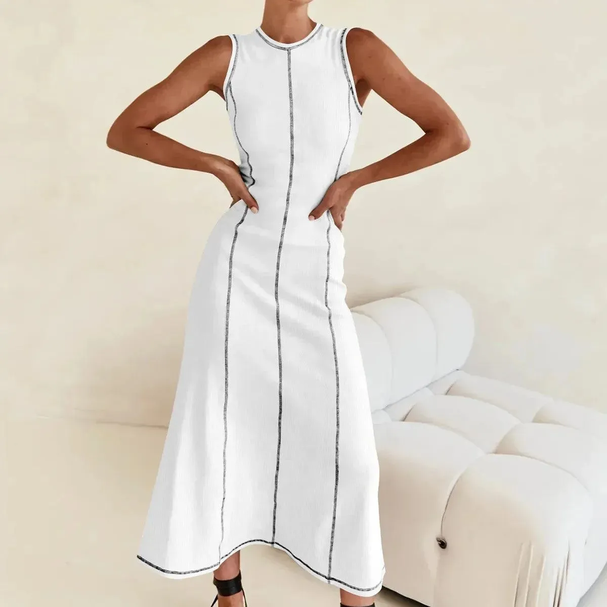 New Contrasting Line Dress Round Necked Sleeveless Slim Fit Vest Dresses For Women Summer Fashion Trend All-Match Vacation Dress