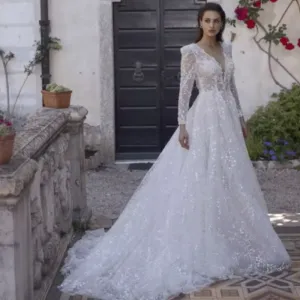 New Custom made Full sleeves V-Neck A-Line Lace Wedding Dresses