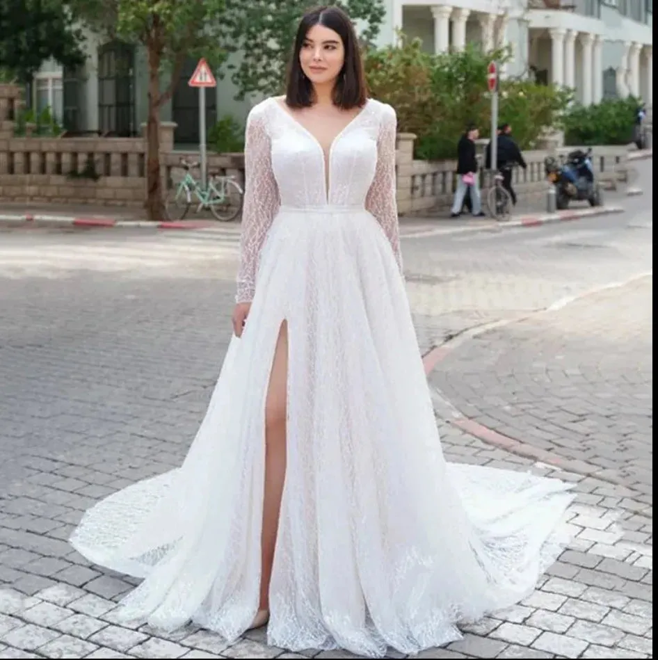 New Long Sleeve Slit A-Line Wedding Dress Customized