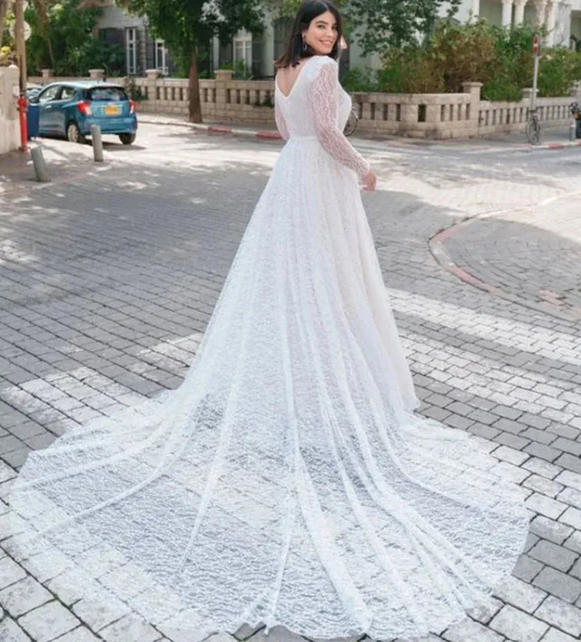 New Long Sleeve Slit A-Line Wedding Dress Customized
