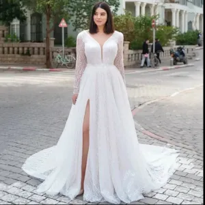 New Long Sleeve Slit A-Line Wedding Dress Customized