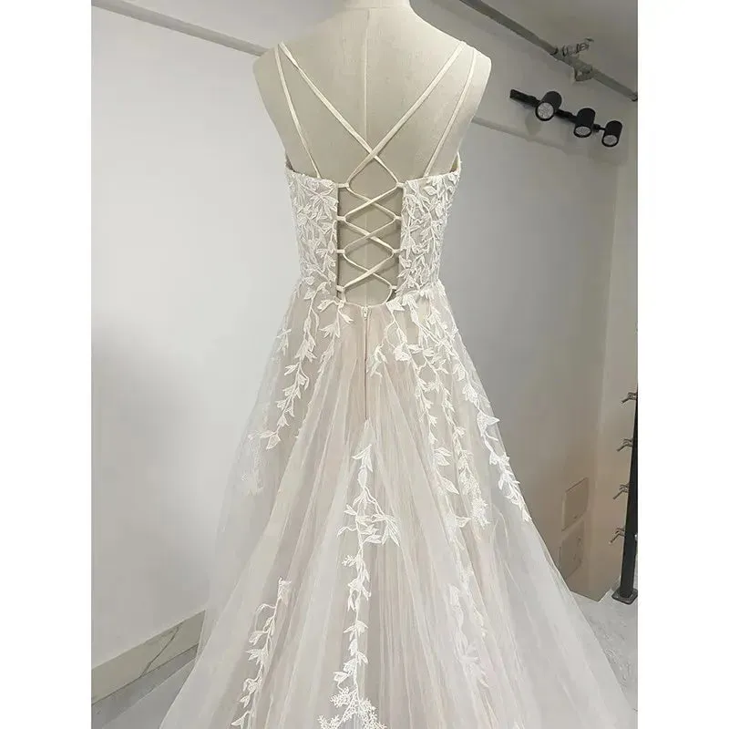 New Simple Lace Boho Wedding Dress Lace Up Plus Size Custom Made Sexy A Line Bridal Dresses Vestido De Noiva Robe De Mariee
