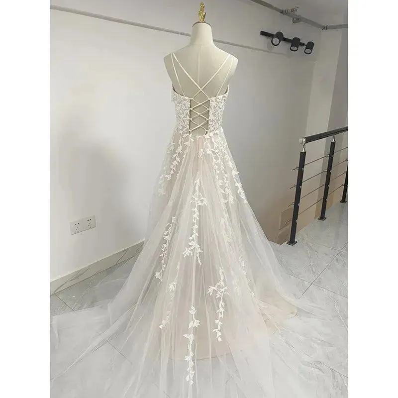 New Simple Lace Boho Wedding Dress Lace Up Plus Size Custom Made Sexy A Line Bridal Dresses Vestido De Noiva Robe De Mariee