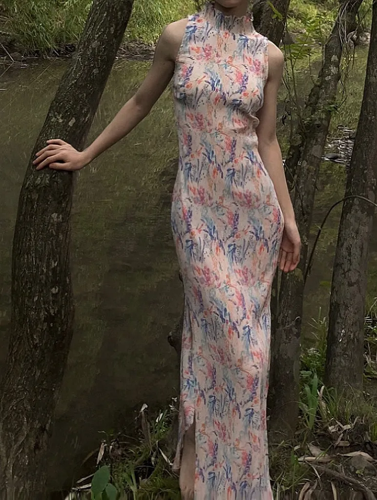 Ning Zhe 凝褶 Frozen Pleats Modernized Floral Accordion Pleat Sleeveless Qipao