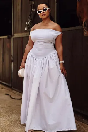 Off Shoulder Curved Gathered Hem Solid Party Maxi Dresses-White [Pre Order]