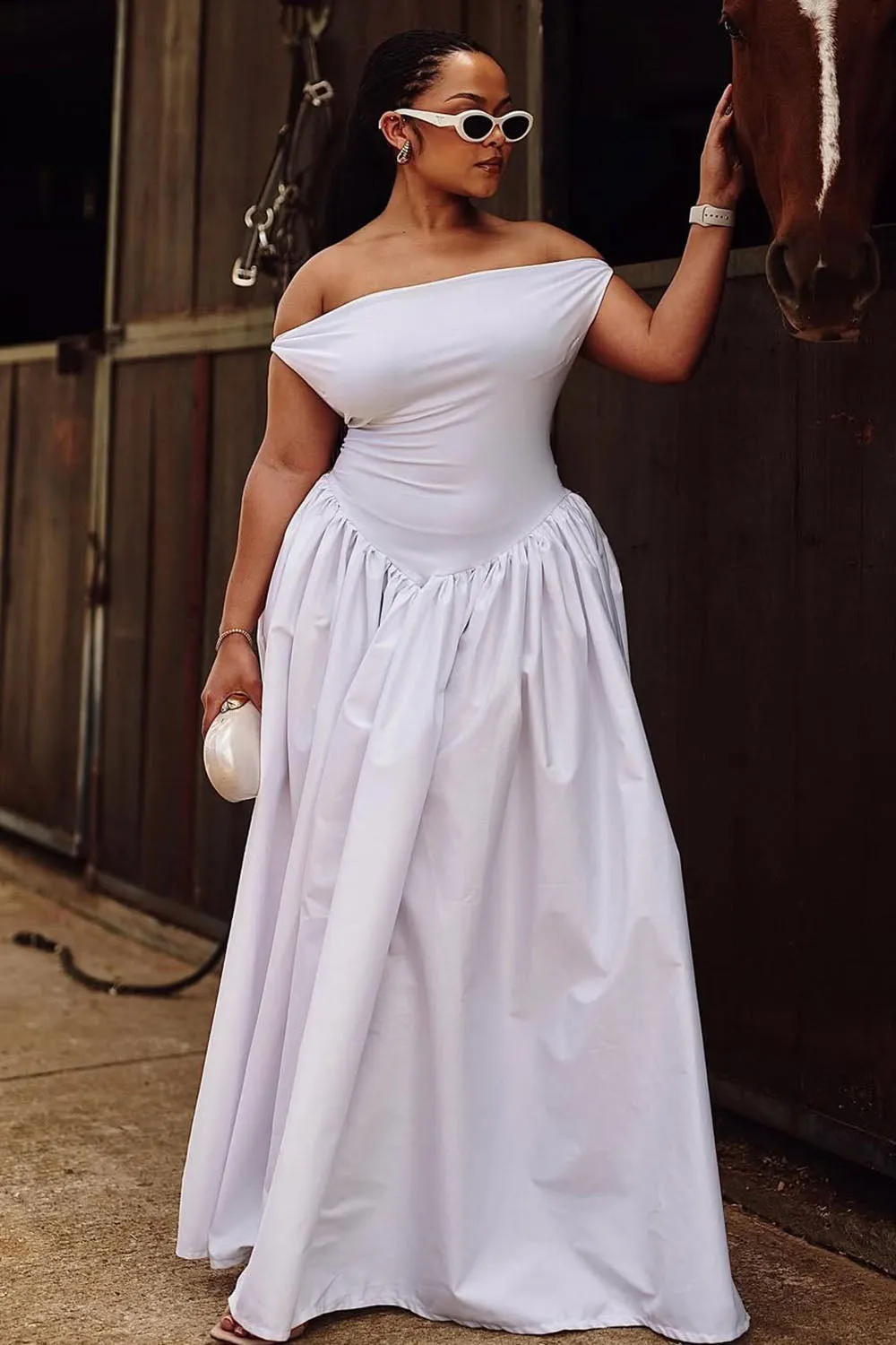 Off Shoulder Curved Gathered Hem Solid Party Maxi Dresses-White [Pre Order]
