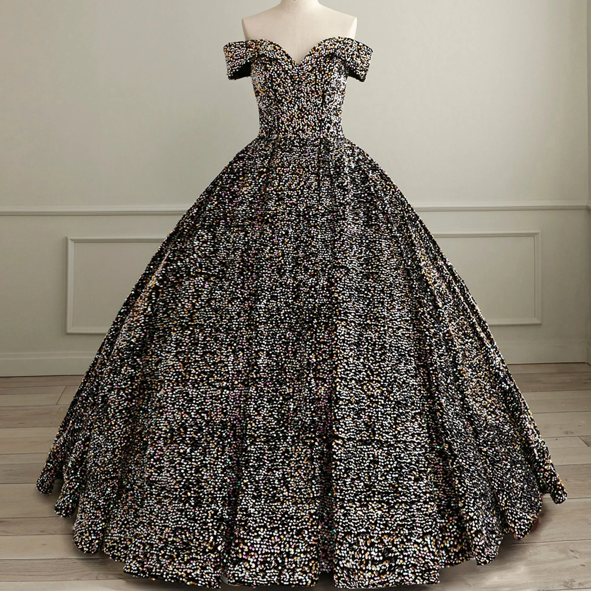 Off Shoulder V Neckline Sparkly Quinceanera Ball Gown