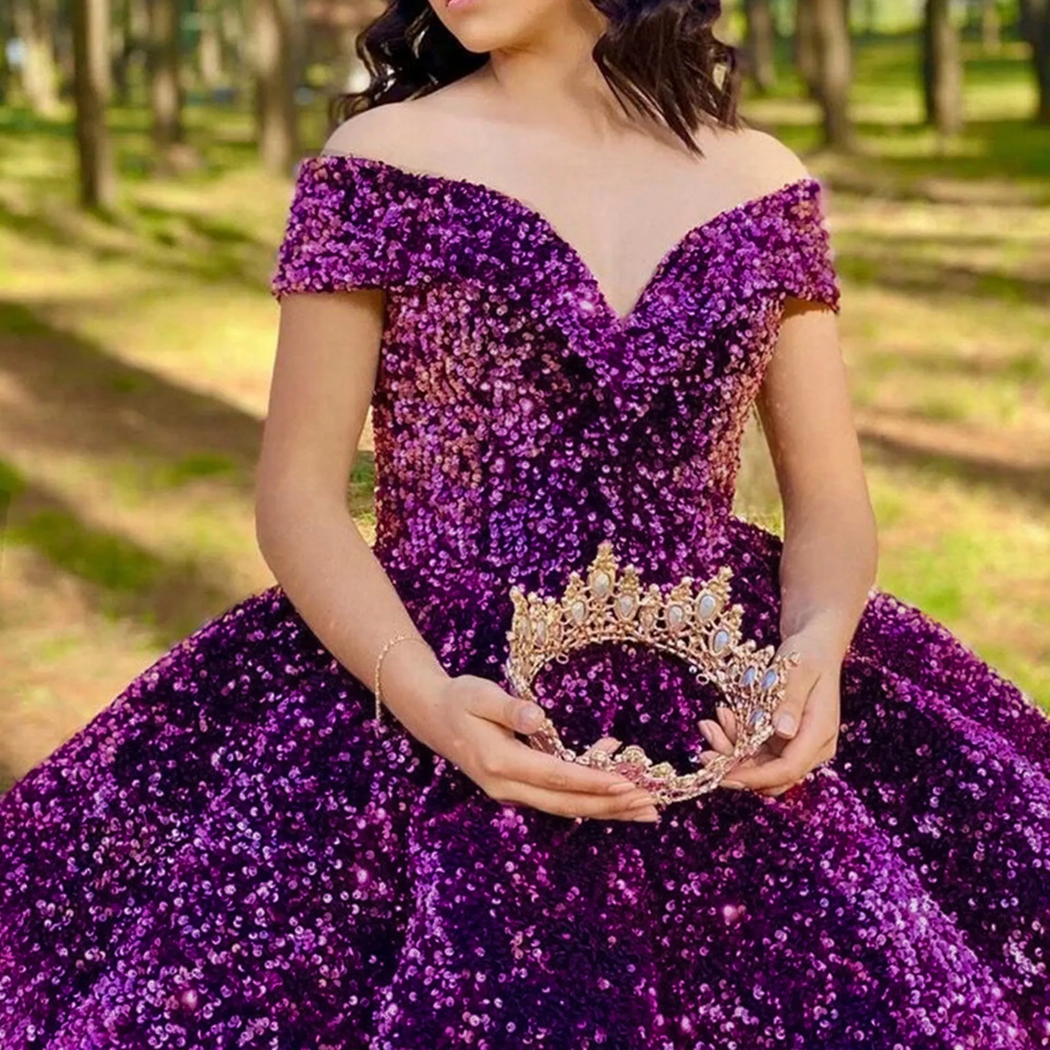 Off Shoulder V Neckline Sparkly Quinceanera Ball Gown