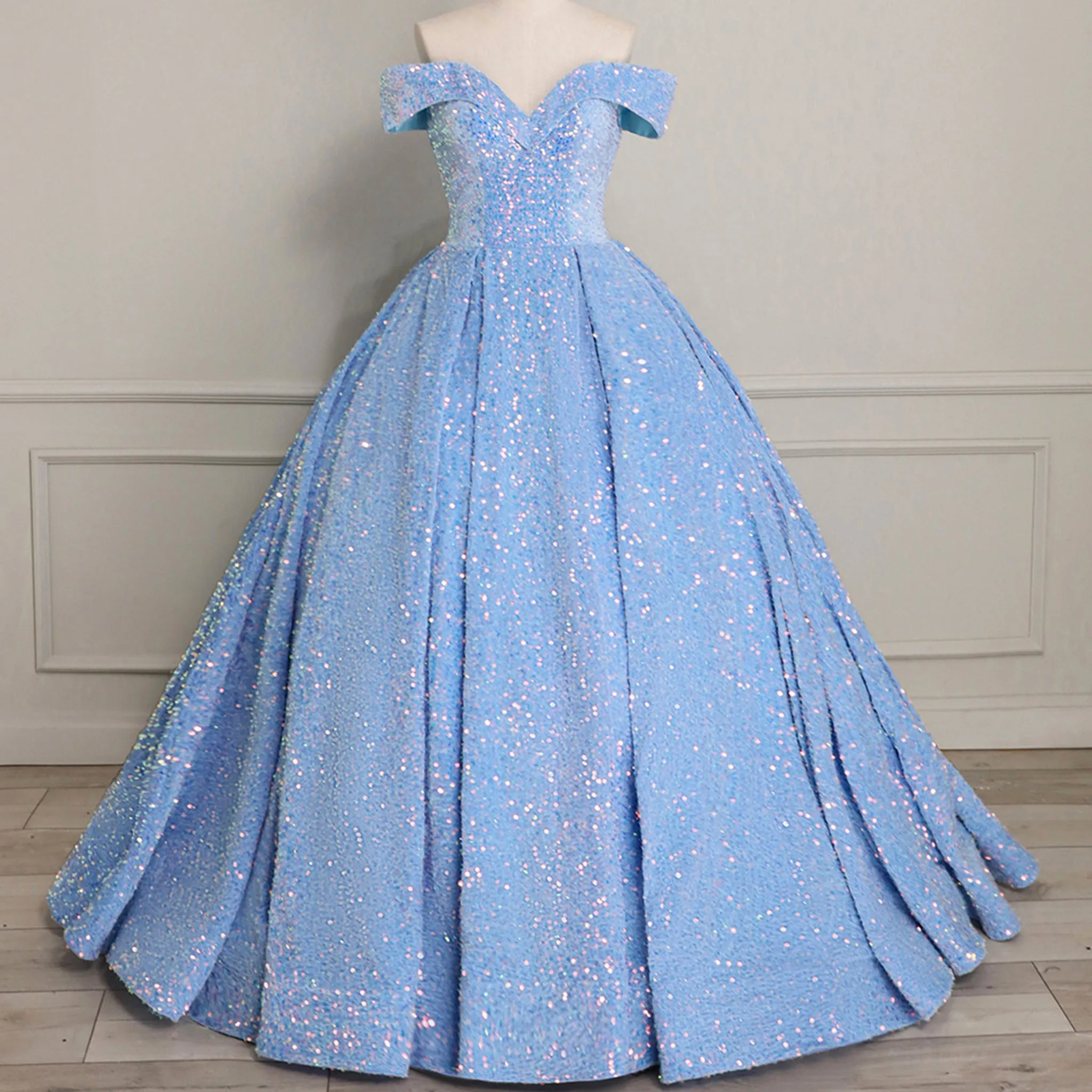 Off Shoulder V Neckline Sparkly Quinceanera Ball Gown