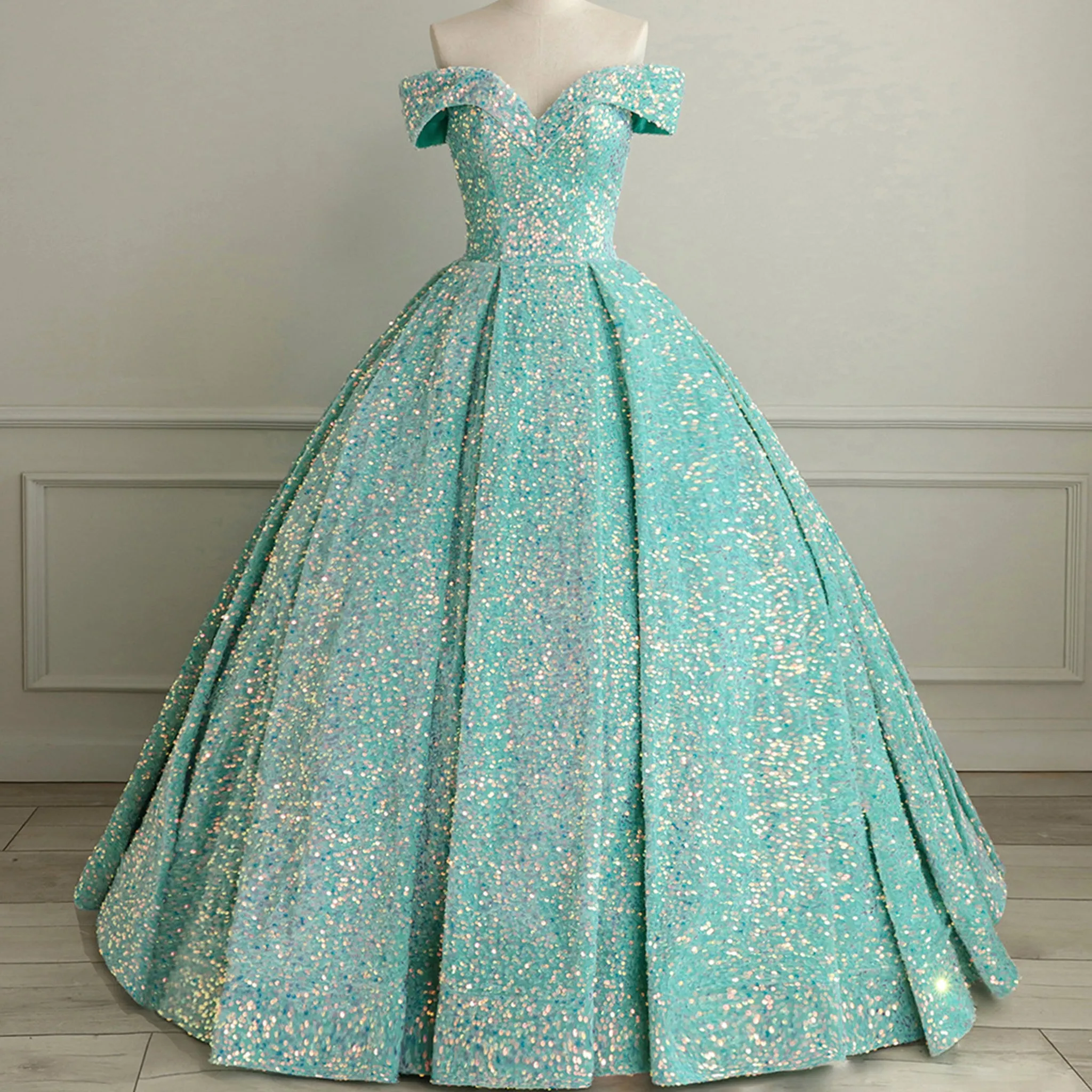 Off Shoulder V Neckline Sparkly Quinceanera Ball Gown