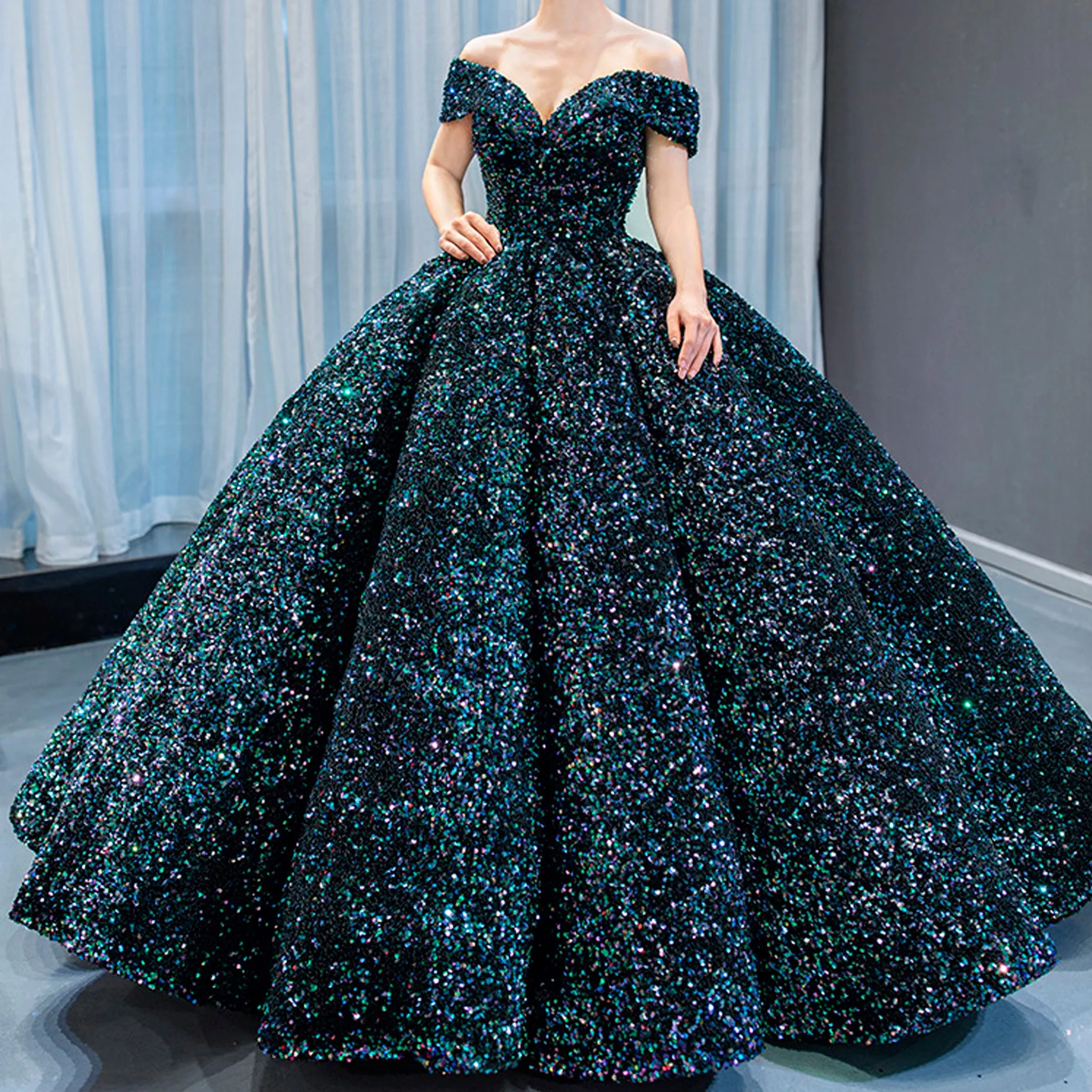 Off Shoulder V Neckline Sparkly Quinceanera Ball Gown