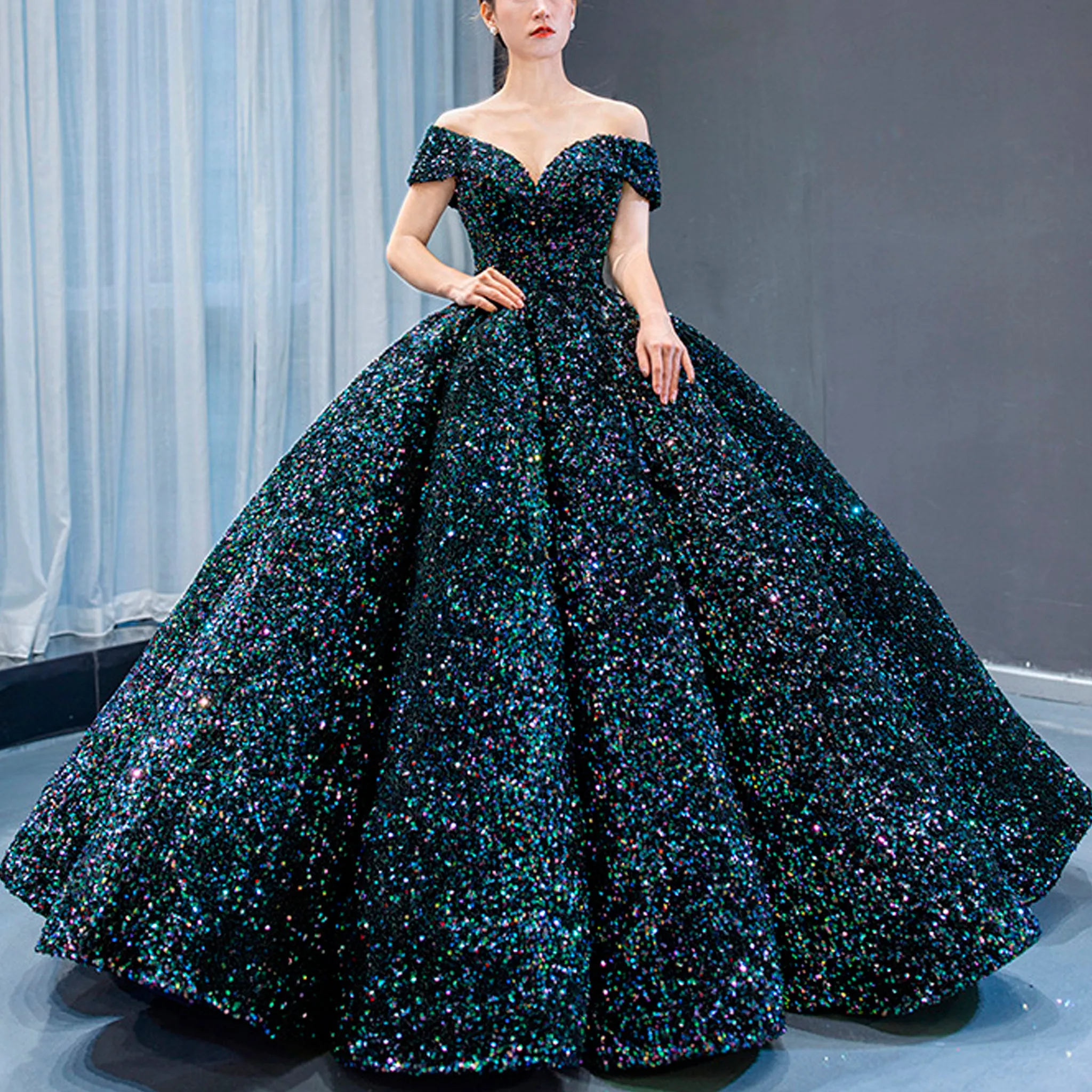 Off Shoulder V Neckline Sparkly Quinceanera Ball Gown
