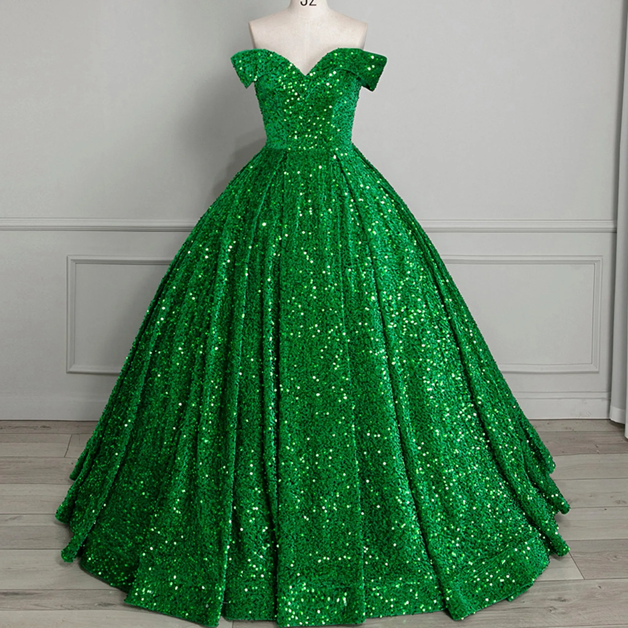 Off Shoulder V Neckline Sparkly Quinceanera Ball Gown