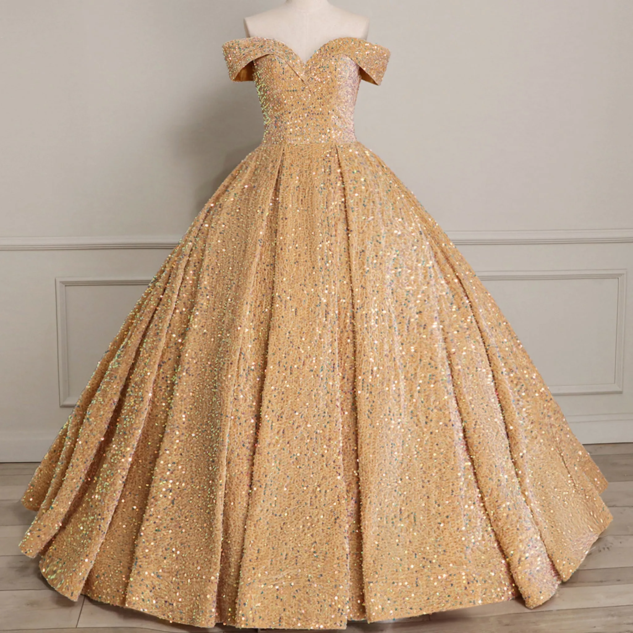 Off Shoulder V Neckline Sparkly Quinceanera Ball Gown