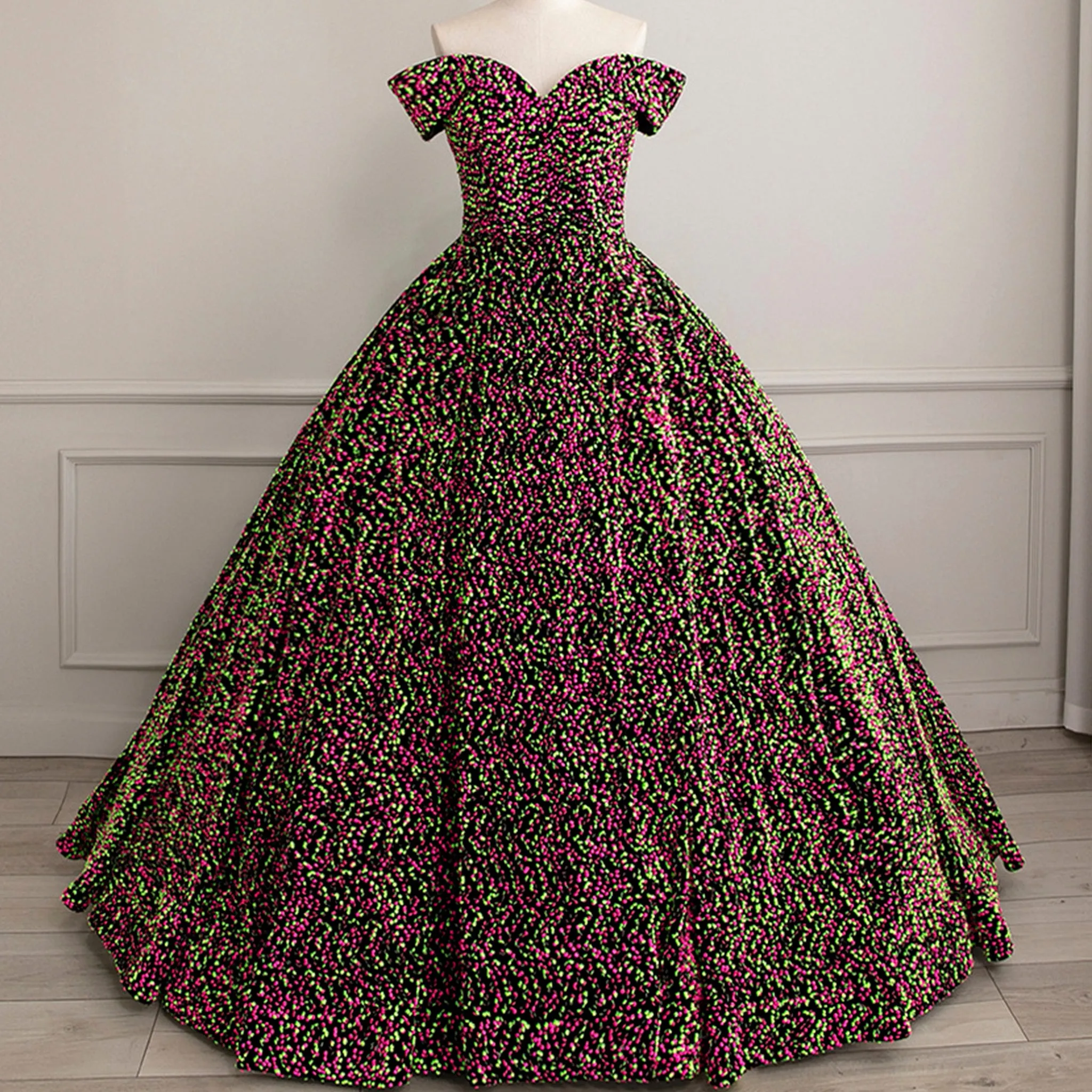 Off Shoulder V Neckline Sparkly Quinceanera Ball Gown